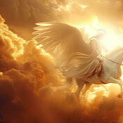 Angel, horse and sky with wings in heaven, clouds or dawn for ascension ...
