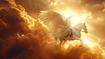 Angel, horse and sky with wings in heaven, clouds or dawn for ascension, salvation or divine power. Son of god flying with steed or stallion in air with flare, shine or ray of light for holy divinity