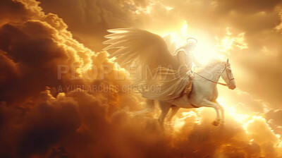 Angel, horse and sky with wings in heaven, clouds or dawn for ascension, salvation or divine power. Son of god flying with steed or stallion in air with flare, shine or ray of light for holy divinity
