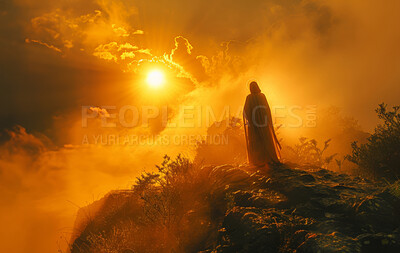 Jesus, faith and heaven with sun for god, nature or earth of prophet in seek for guidance, hope or worship. Rear view of disciple or messenger on cliff in search for light, spirit or gift to humanity