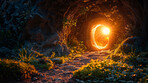 Forest, fantasy and hole of light for fairy portal in woods, natural environment and enchanted tunnel. Magic, fairytale and path with glow, flare and shine in trees for adventure, mystery and explore