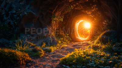 Forest, fantasy and hole of light for fairy portal in woods, natural environment and enchanted tunnel. Magic, fairytale and path with glow, flare and shine in trees for adventure, mystery and explore