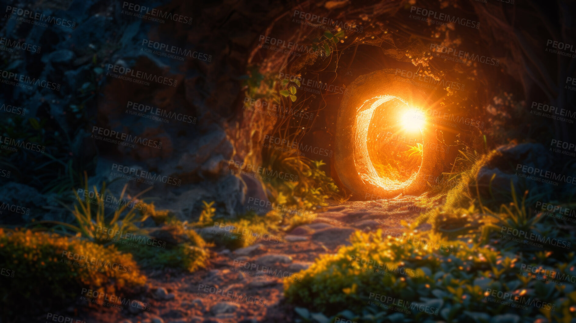 Buy stock photo Forest, fantasy and hole of light for fairy portal in woods, natural environment and enchanted tunnel. Magic, fairytale and path with glow, flare and shine in trees for adventure, mystery and explore