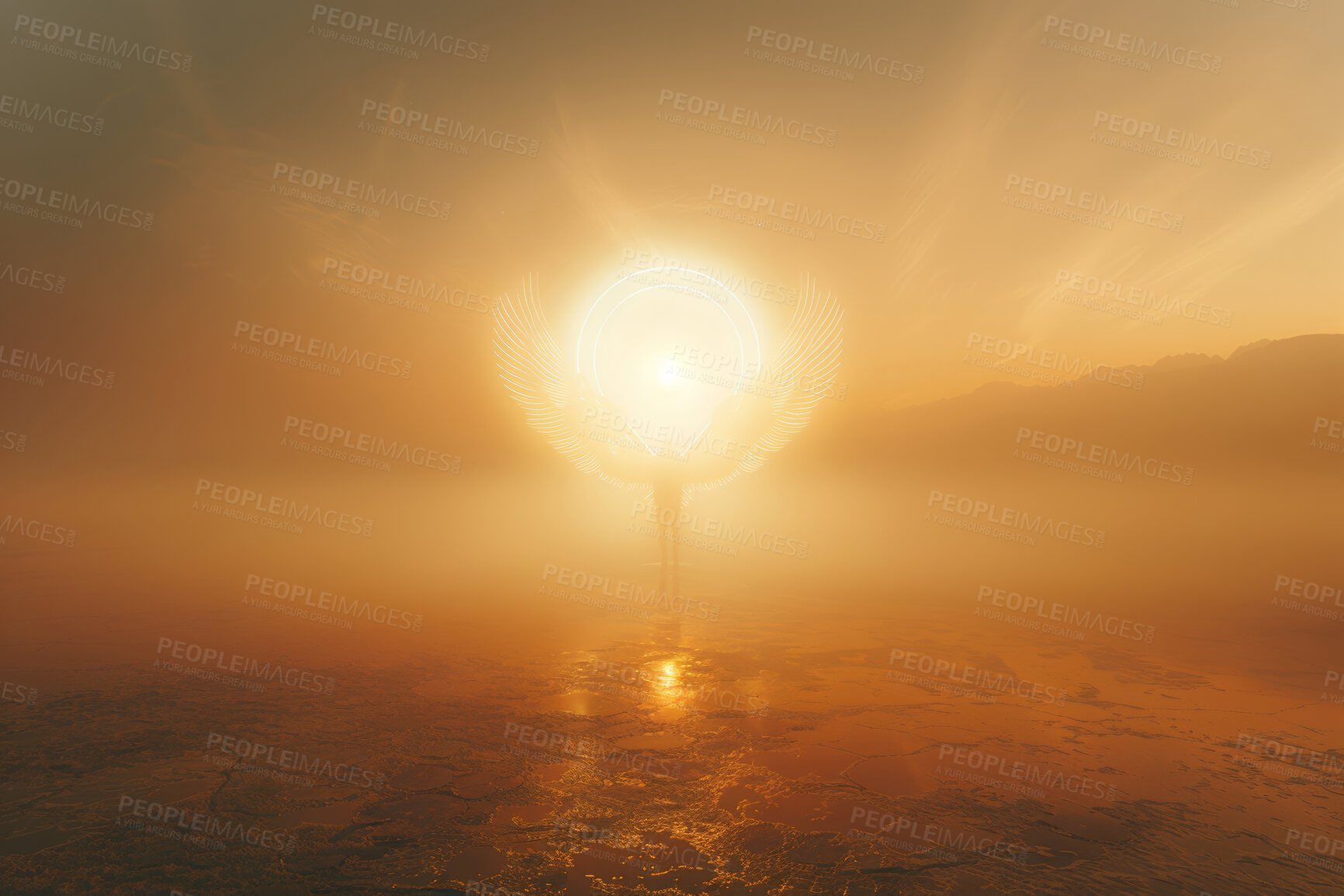 Buy stock photo Angel, christianity and halo light for religion, desert landscape with mystic or divine entity. Guardian, glory or radiance for righteous or heavenly, holy salvation or messenger for good deliverance