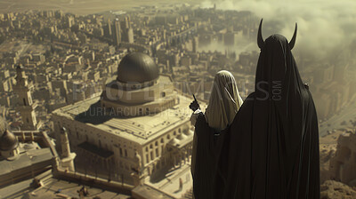 https://cdn.midjourney.com/91c0a1ce-fb3d-43b3-af21-6016f2d14957/0_1.png Make this robe all black, Satan pointing to the ground, biblical, photorealistic, Illustrate an aerial view of Jerusalem's temple with Jesus dressed in white and Satan with two horns