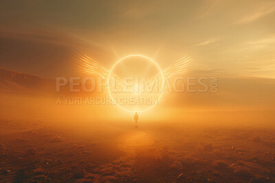 Buy stock photo Faith, Holy Spirit or religion and Jesus walking in desert with fire symbol of praise or worship. Bible, flare and nature with Christ in wilderness for prayer to God in heaven or sky for spirituality