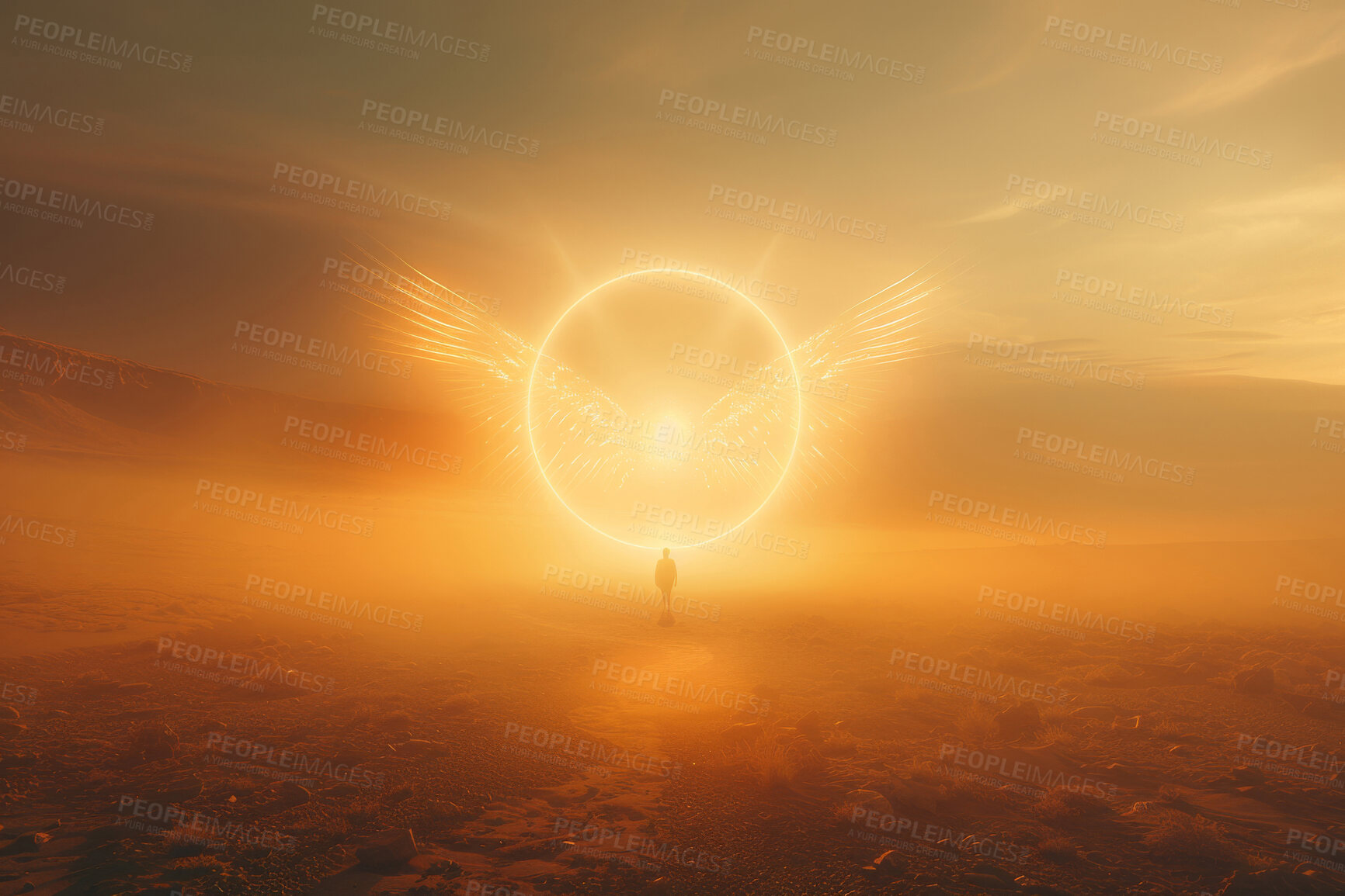 Buy stock photo Faith, Holy Spirit or religion and Jesus walking in desert with fire symbol of praise or worship. Bible, flare and nature with Christ in wilderness for prayer to God in heaven or sky for spirituality