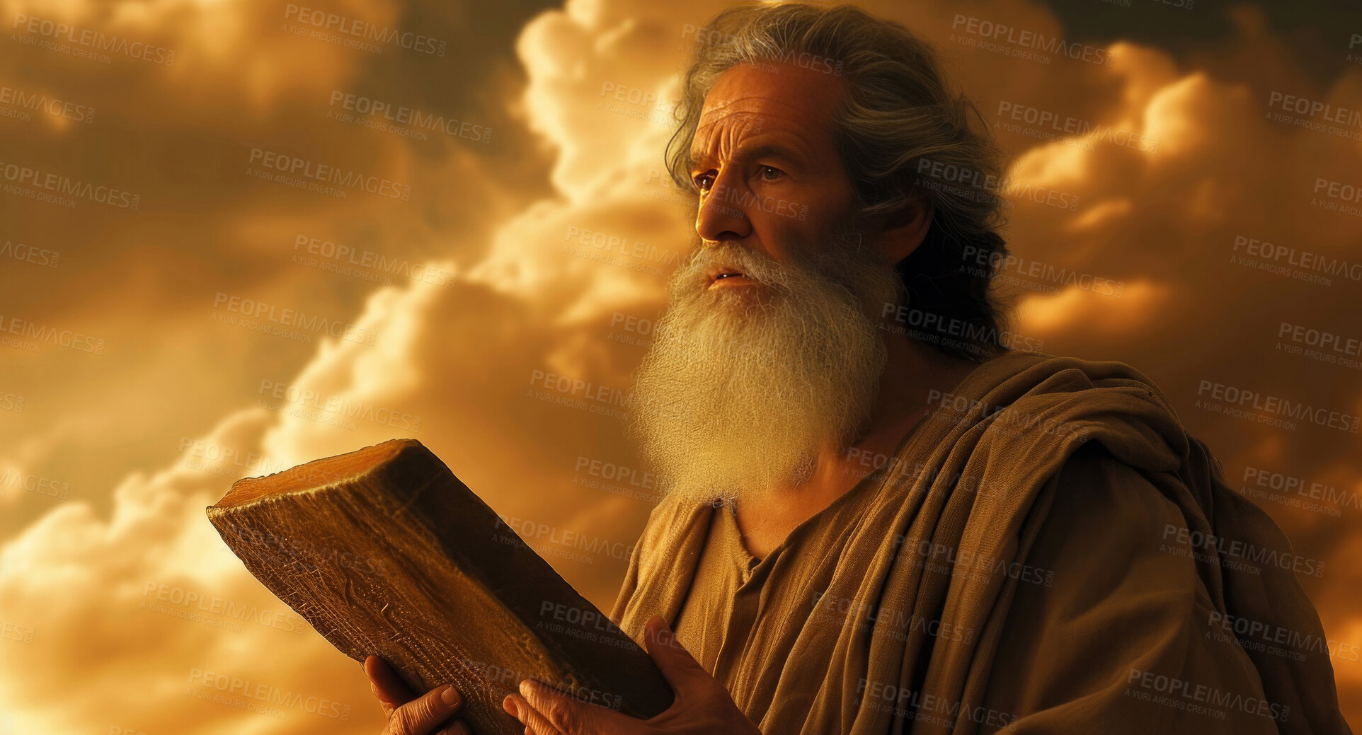 Buy stock photo Art, illustration and Moses with stone tablet for ten commandments for conduct, laws and regulations. Bible, abstract and 3d prophet with rock for holy, communication or serving Jesus Christ in Egypt