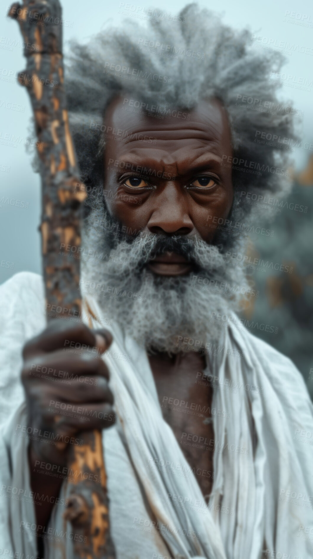 Buy stock photo Serious, black man and walking stick with grey beard wearing sackcloth for spiritual journey. Mature, male person and wooden cane for adventure with faith or religion to find peace and salvation