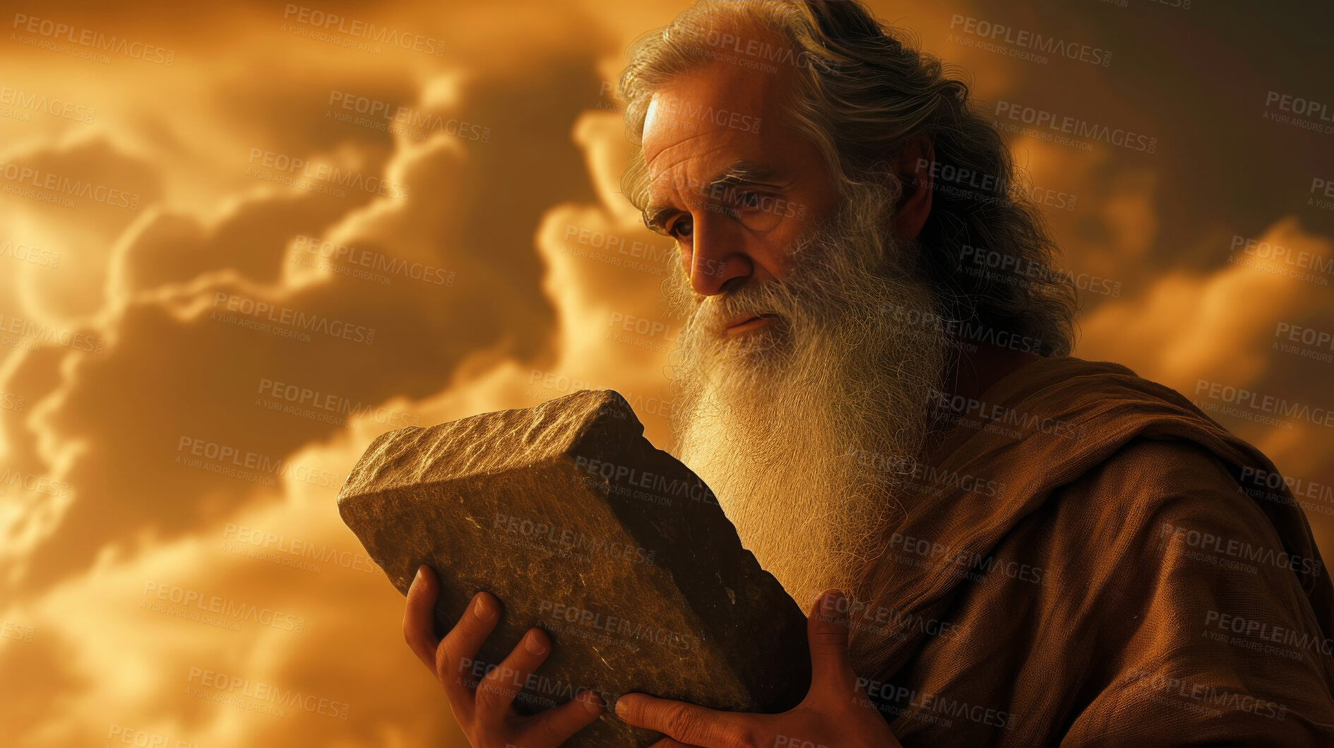 Buy stock photo Bible, art or Moses and stone tablet with ten commandments for conduct, laws and regulations. Sky, abstract and male prophet with rock for holy, communication and the serving of Jesus Christ in Egypt