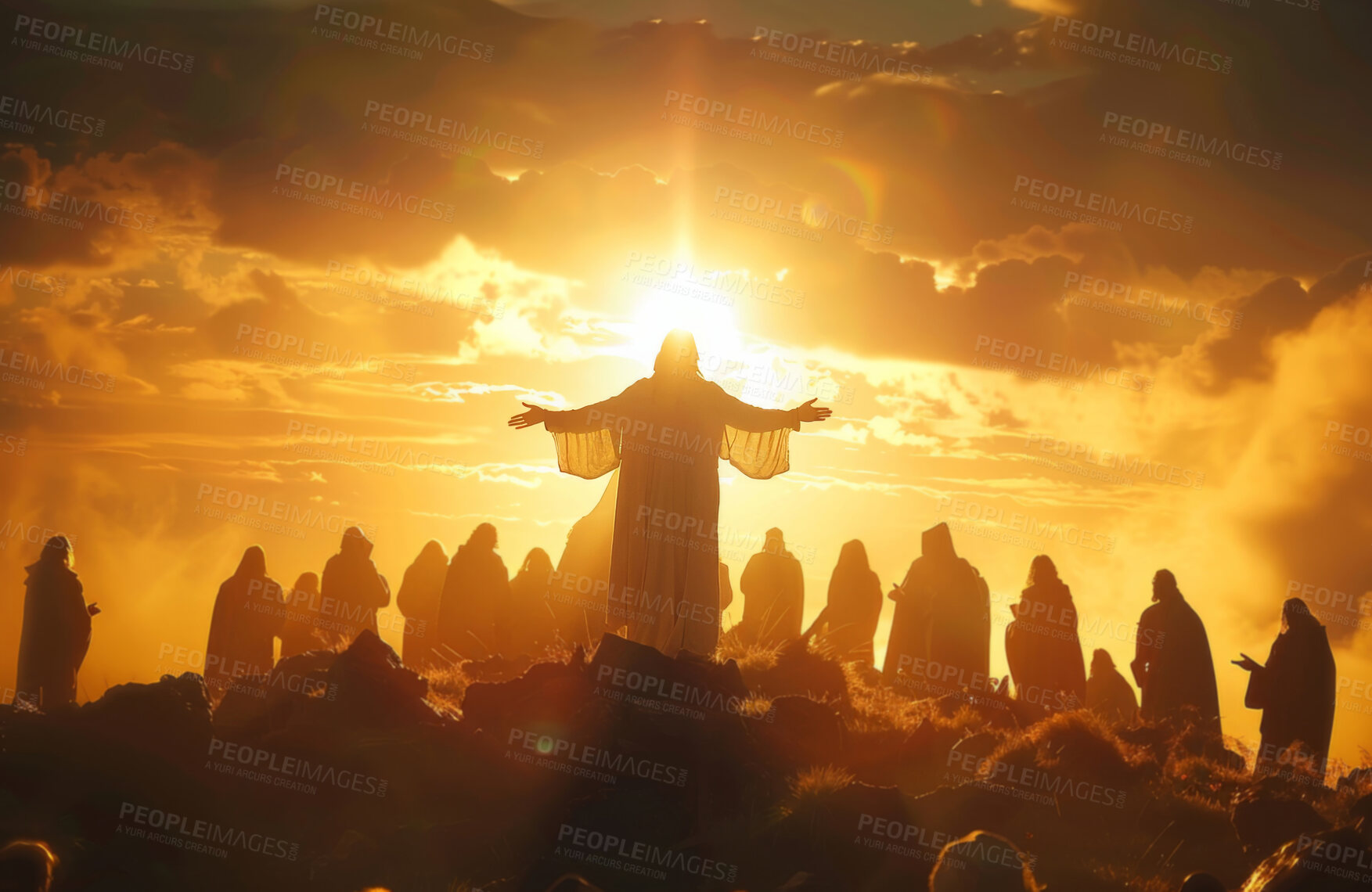 Buy stock photo Preach, sunrise and people on mountain with Jesus for religion, spiritual teaching and bible story. Gospel, prophet and men and women at Christ resurrection for faith, belief and worship with God