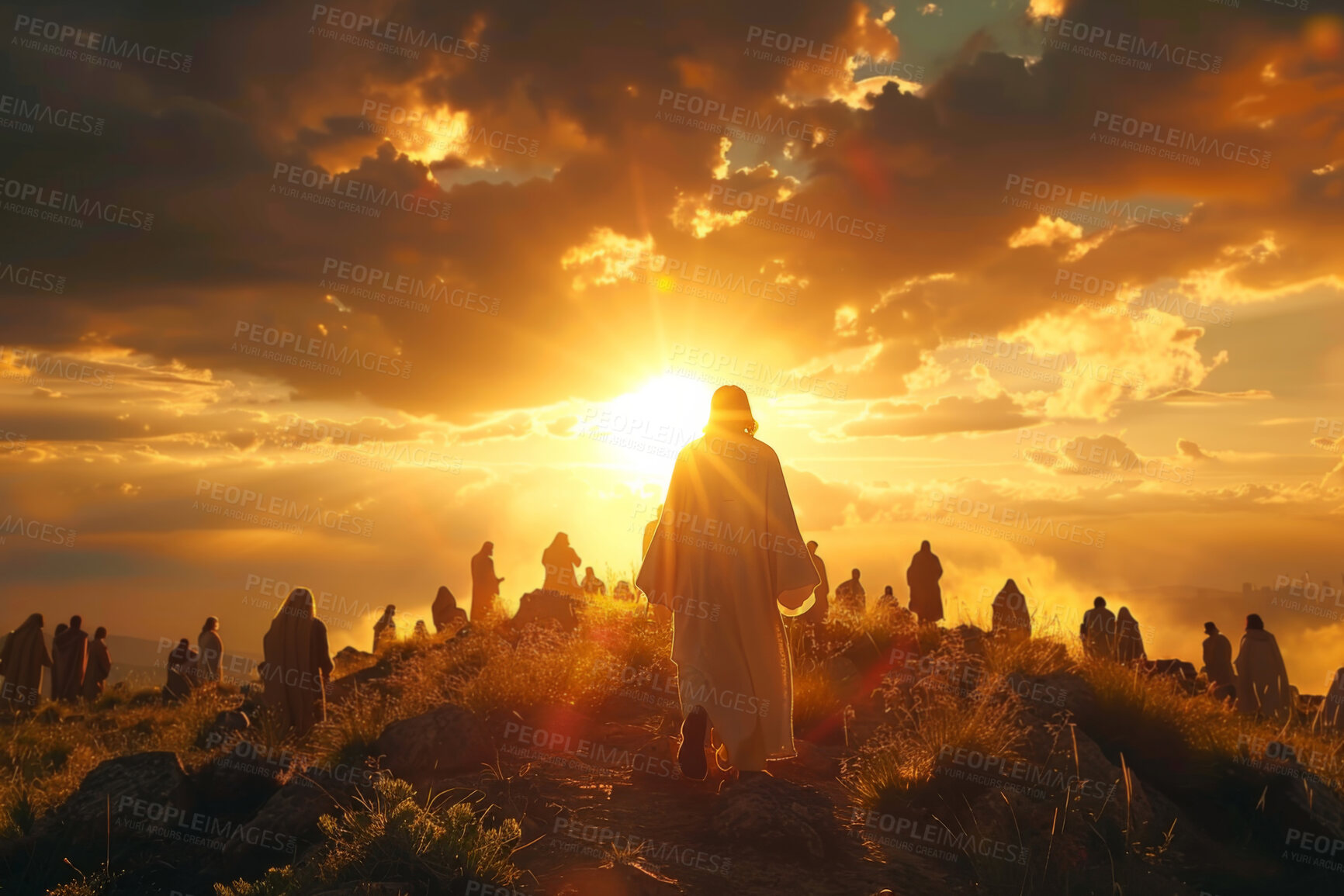 Buy stock photo Christianity, sunrise and people on mountain with Jesus for religion, spiritual teaching and bible story. Gospel, prophet and men and women walking together for faith, belief and worship with God