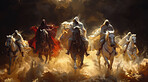 Horse, army and angels with divine power for war, retribution or salvation of art or painting. Group of warriors with stallion in heaven or stampede for judgement day, hope or faith on holy ascension