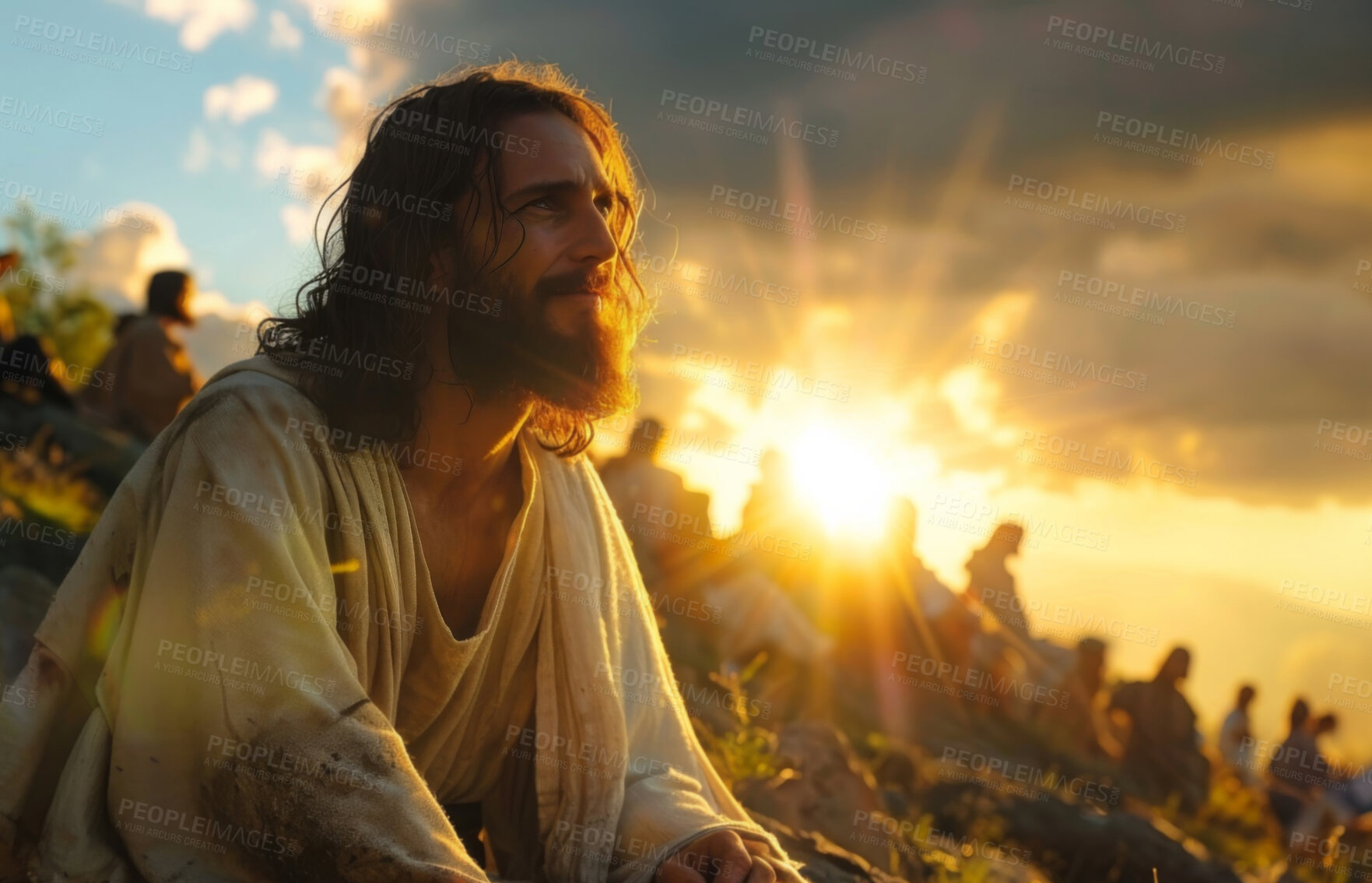 Buy stock photo Christian, happy and Jesus with people on mountain for religion, spiritual teaching and bible story. Gospel, prophet and men and women with Christ for faith, belief and worship with God at sunrise