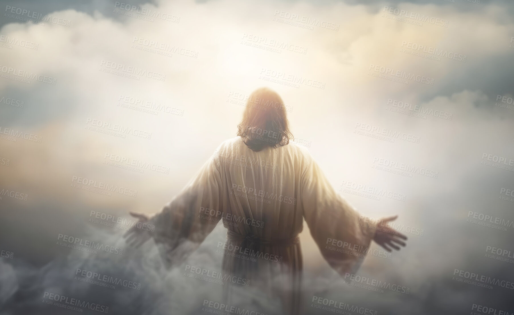 Buy stock photo 3d, art and Jesus Christ in sky for heaven, hope and soul, resurrection and eternal life. He is risen, back and illustration of Christian God in clouds with open arms for spiritual, welcome or faith