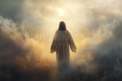 3d, illustration and Jesus Christ in sky for heaven, hope and soul, resurrection and eternal life. He is risen, art and back of Christian God in clouds for spiritual ascension, welcome or salvation