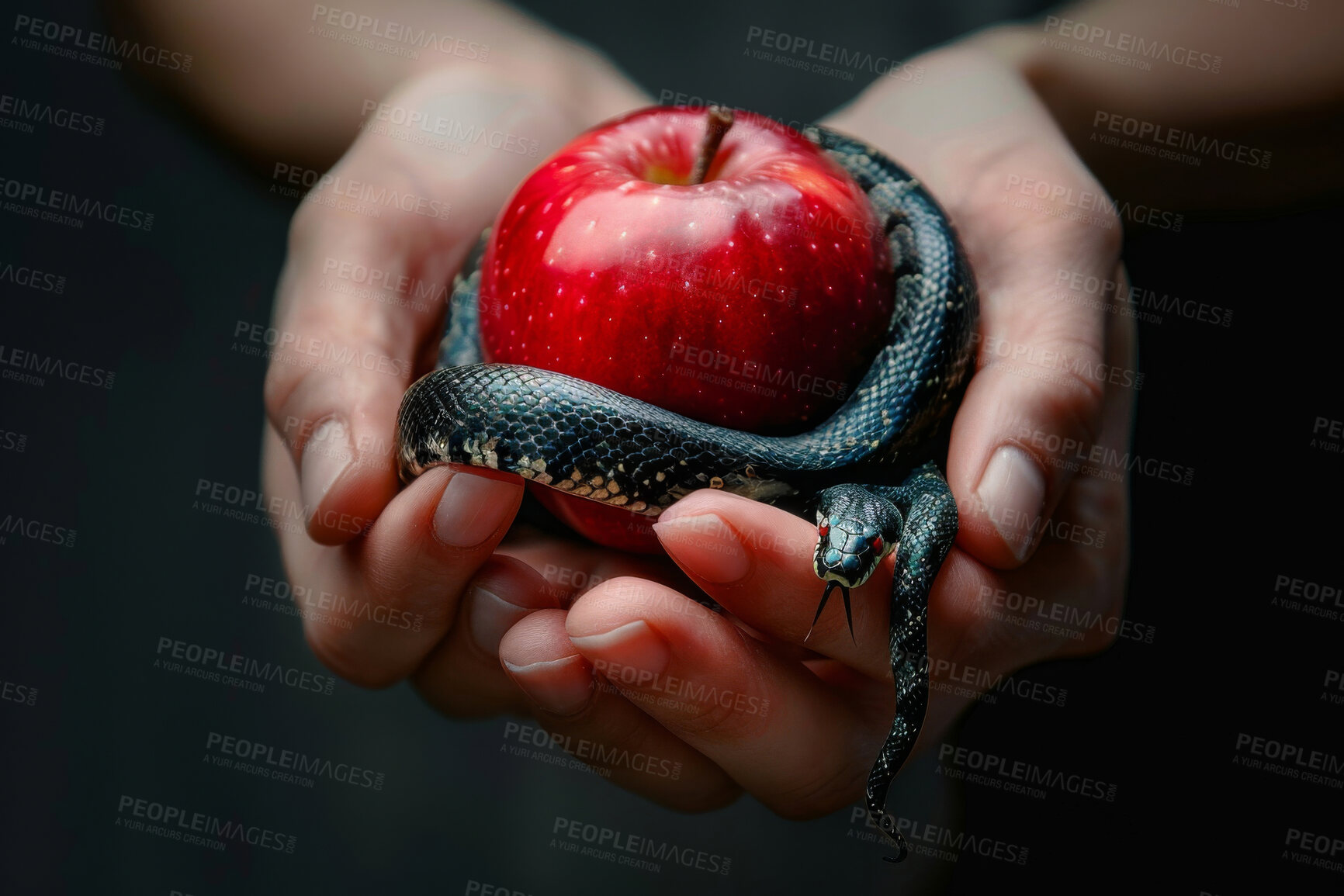 Buy stock photo Hands, apple and snake for danger or power with wisdom, control and poison or sin. Deception, evil and devil with knowledge for temptation or spirituality, religion with forbidden fruit of Eden 