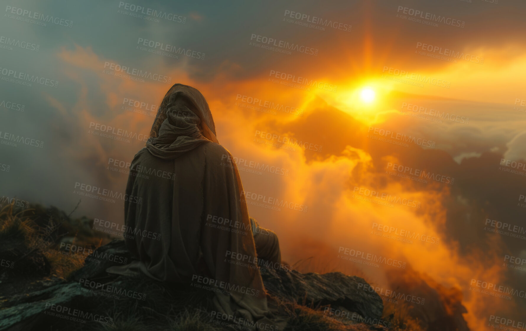 Buy stock photo Christian, sunrise and man on mountain as Jesus for religion, spiritual teaching and bible story. Gospel, prophet and back of person thinking for prayer, belief and worship with God with sunshine