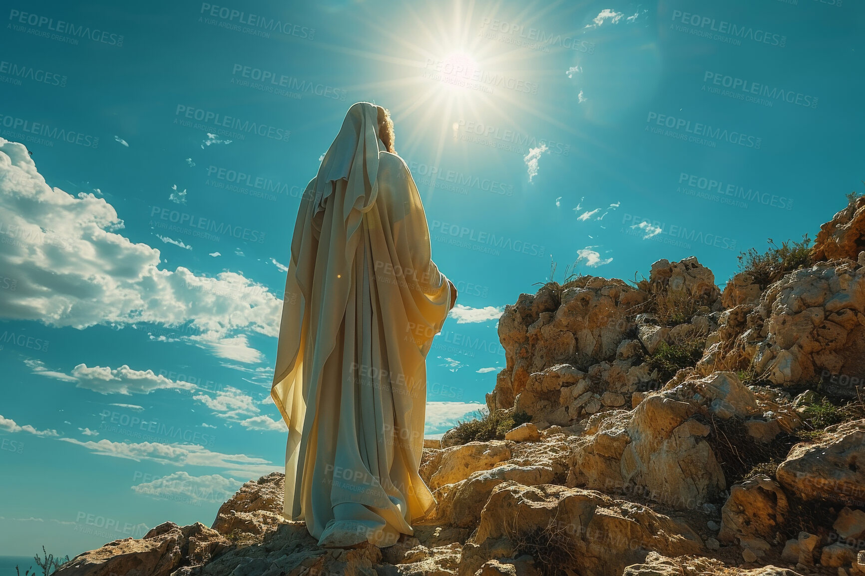 Buy stock photo Christianity, blue sky and man on mountain as Jesus for religion, spiritual teaching and bible story. Gospel, prophet and back of person walking with blue sky for faith, belief and worship with God