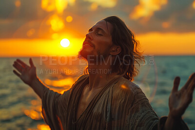 Worship, ocean and man as Jesus at sunrise for religion, spiritual teaching and bible story. Christianity, prophet and illustration of person by sea for faith, belief and praying in morning for hope