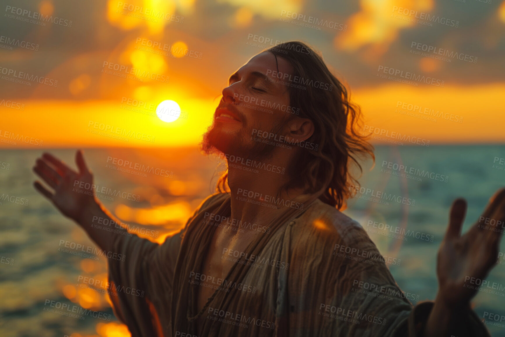 Buy stock photo Worship, ocean and man as Jesus at sunrise for religion, spiritual teaching and bible story. Christianity, prophet and person by sea for gospel, belief and praying in morning for hope, faith and God