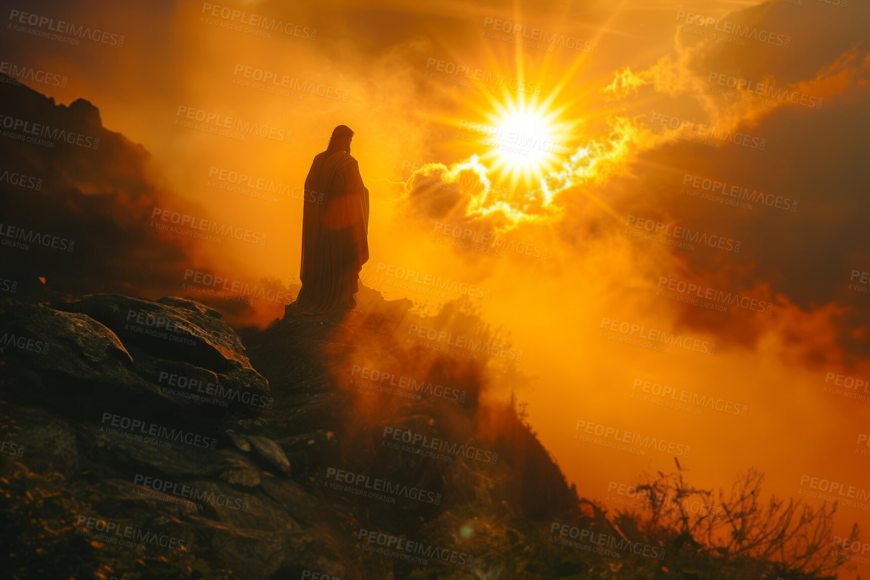 Buy stock photo Christian, sunrise and Jesus on mountain for religion, spiritual teaching and bible story. Gospel, prophet and back of man as Christ on hill with sunshine for faith, belief and worship in heaven