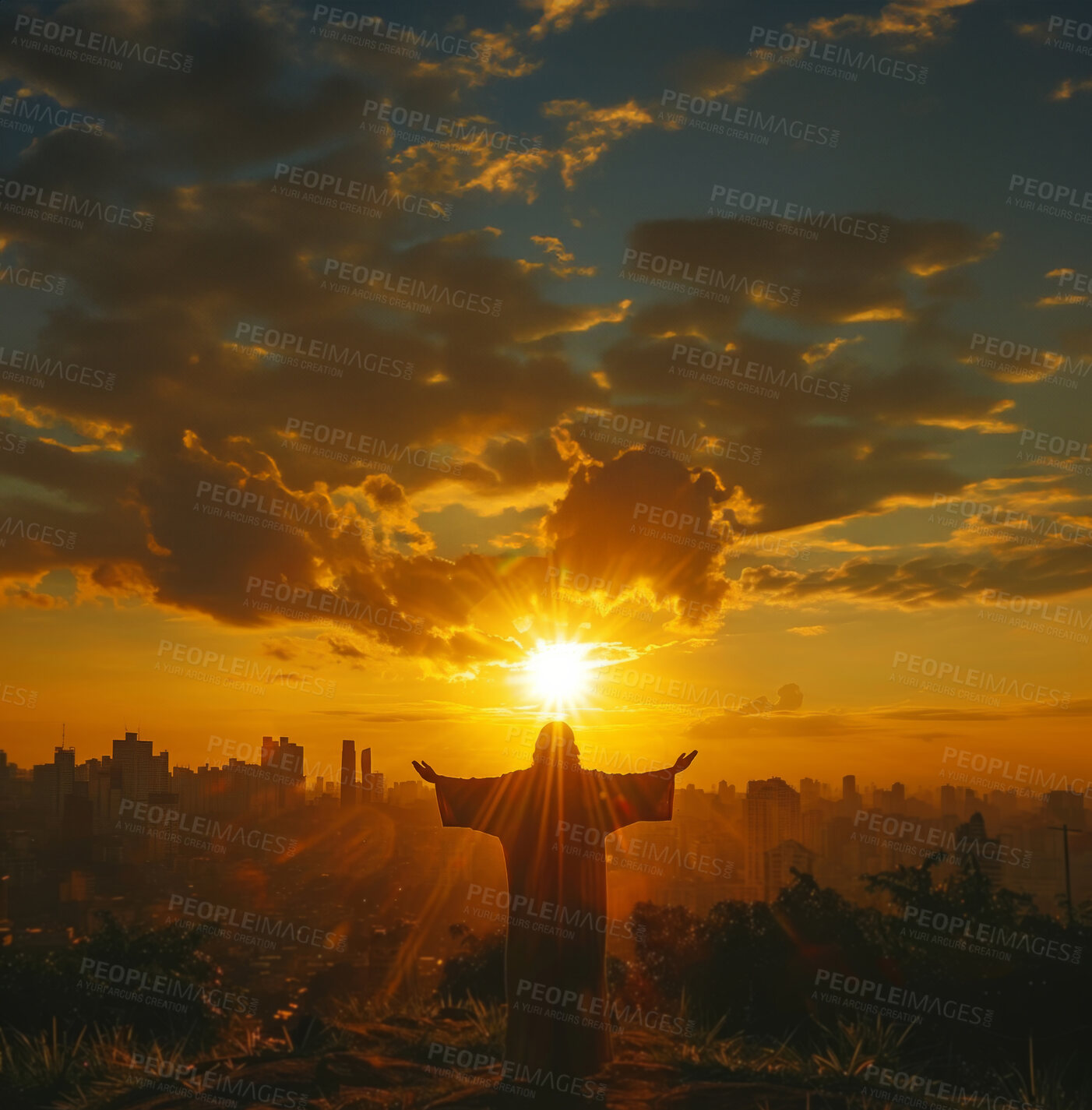 Buy stock photo Worship, hill and man as Jesus at sunrise for religion, spiritual teaching and bible story. Christianity, prophet and person by sky for gospel, belief and praying in morning for hope, faith and God