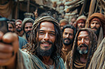 Jesus, portrait and selfie with group of people for religious experience, support and memory of worship. Faith, disciples and photography with prophet for leadership, gratitude and connection to God