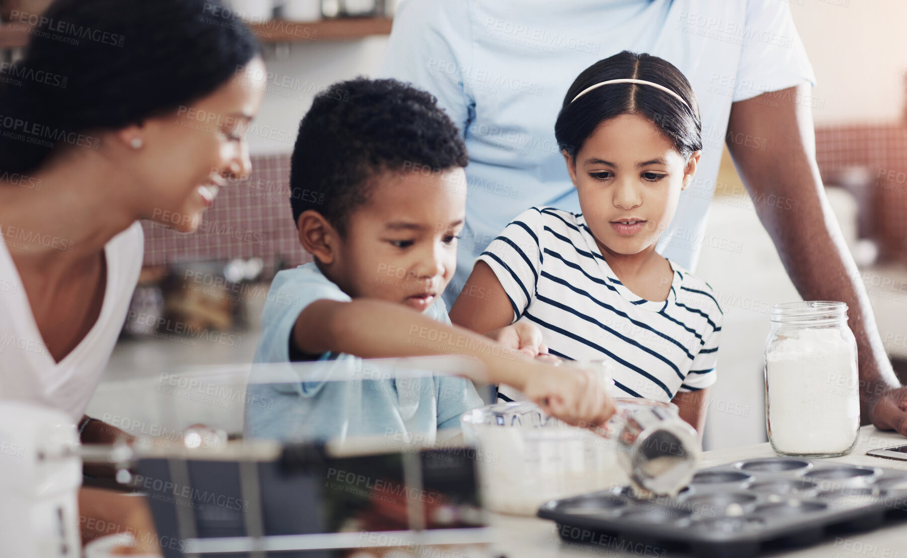 Buy stock photo Happy family, baking and kids in kitchen for learning, development and making cupcakes for fathers day. Mother, dad and children at home for recipe, bonding and siblings for teamwork and growth