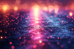 Bokeh, neon or glow with drops, light and embers or stars for cosmic nebula. Galaxy, fire or universe with graphic, render and background for energy texture and shiny iridescent confetti or particles