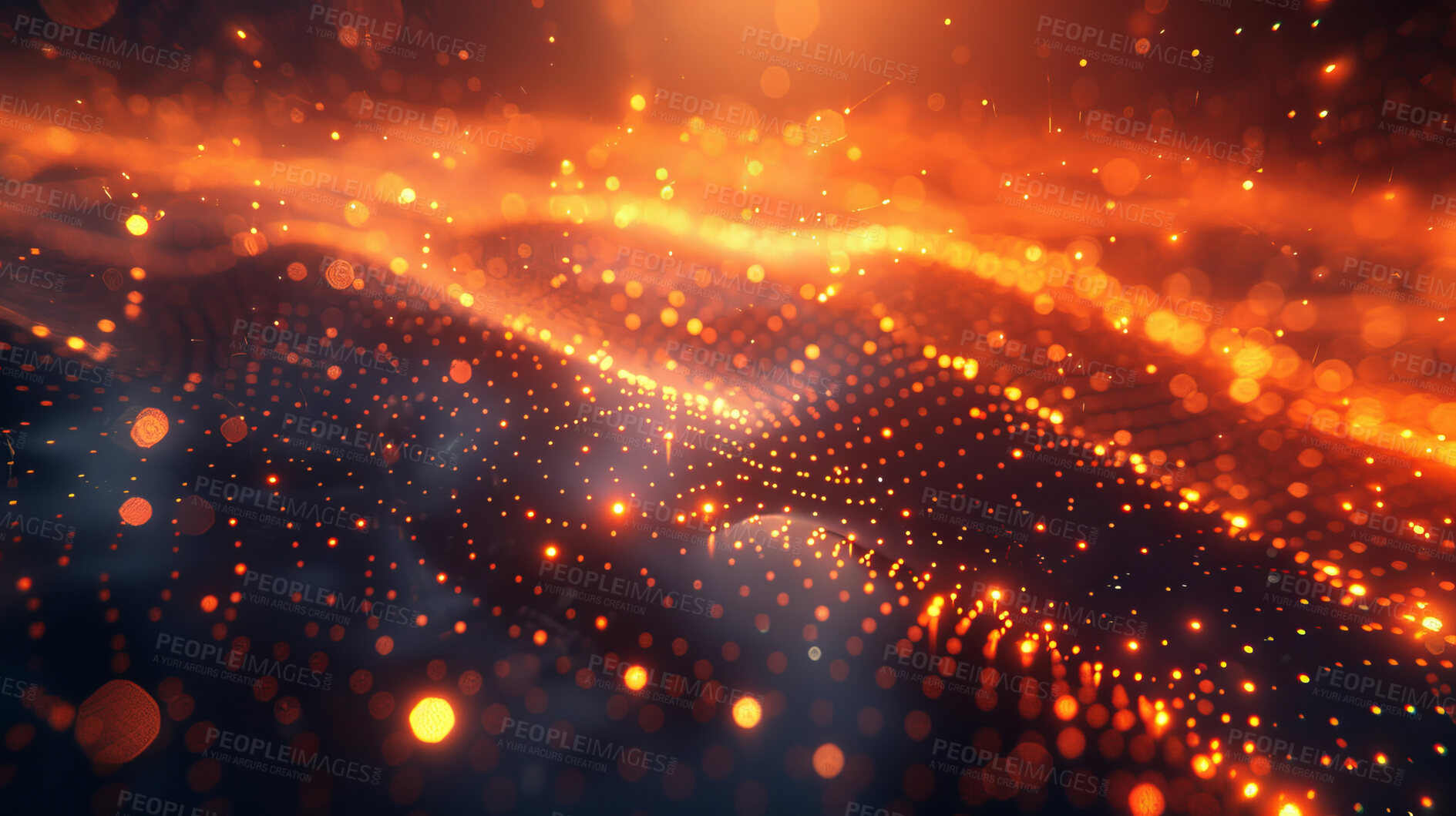 Buy stock photo Lights, dots and abstract wallpaper with futuristic wave and 3D rendering with sparks. Illustration, lava and art with dark ground, flow and bright pattern with design of effect and LED particle