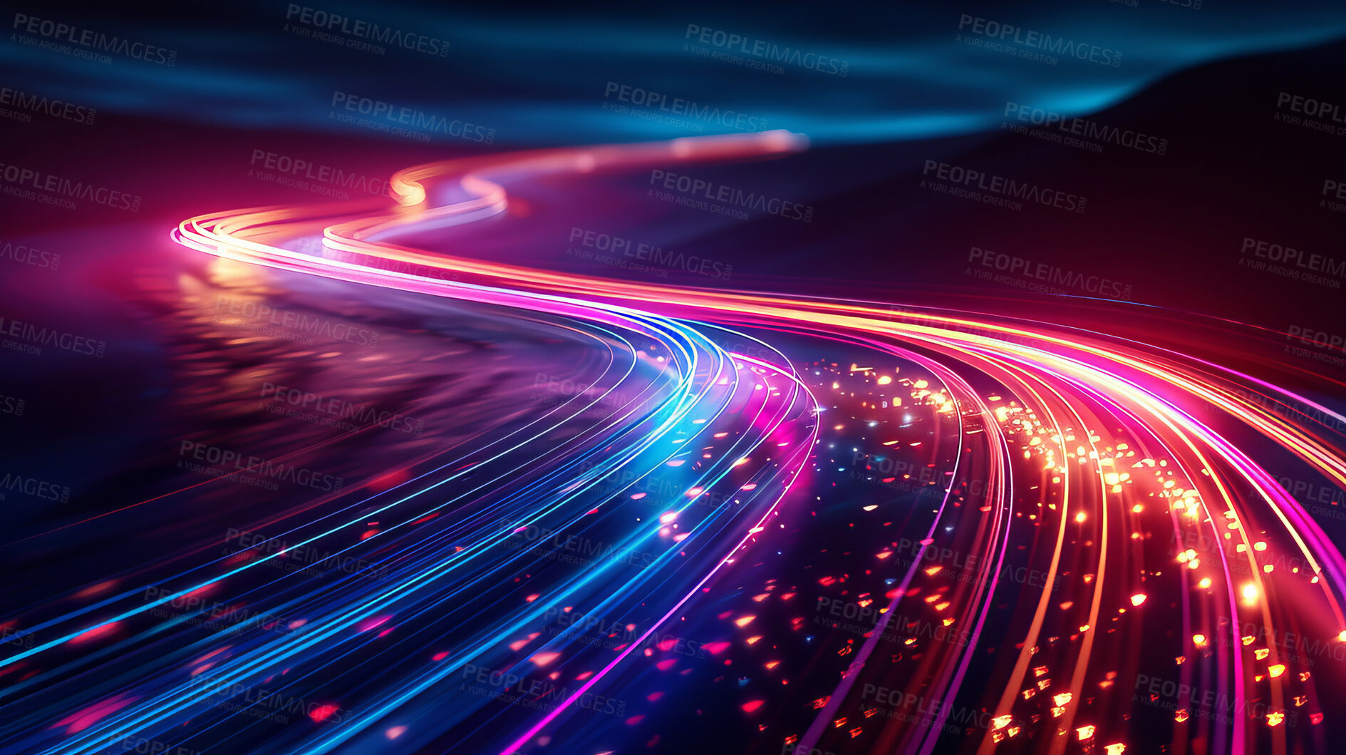 Buy stock photo Sound wave, glow motion and neon with background patterns for frequency flow, data transfer and technology. Futuristic design, frequency and colorful dots for cloud computing and connection stream