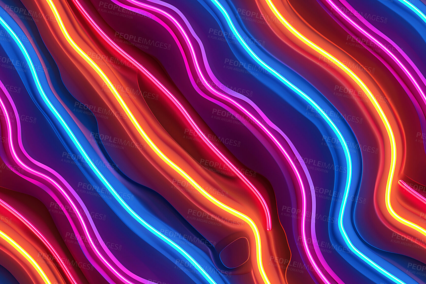 Buy stock photo Color, neon lines and pattern for illustration with retro wave, shape and glow with spectrum. Creativity, light and multicolor textures for iridescent shine with geometric flow for psychedelic swirl