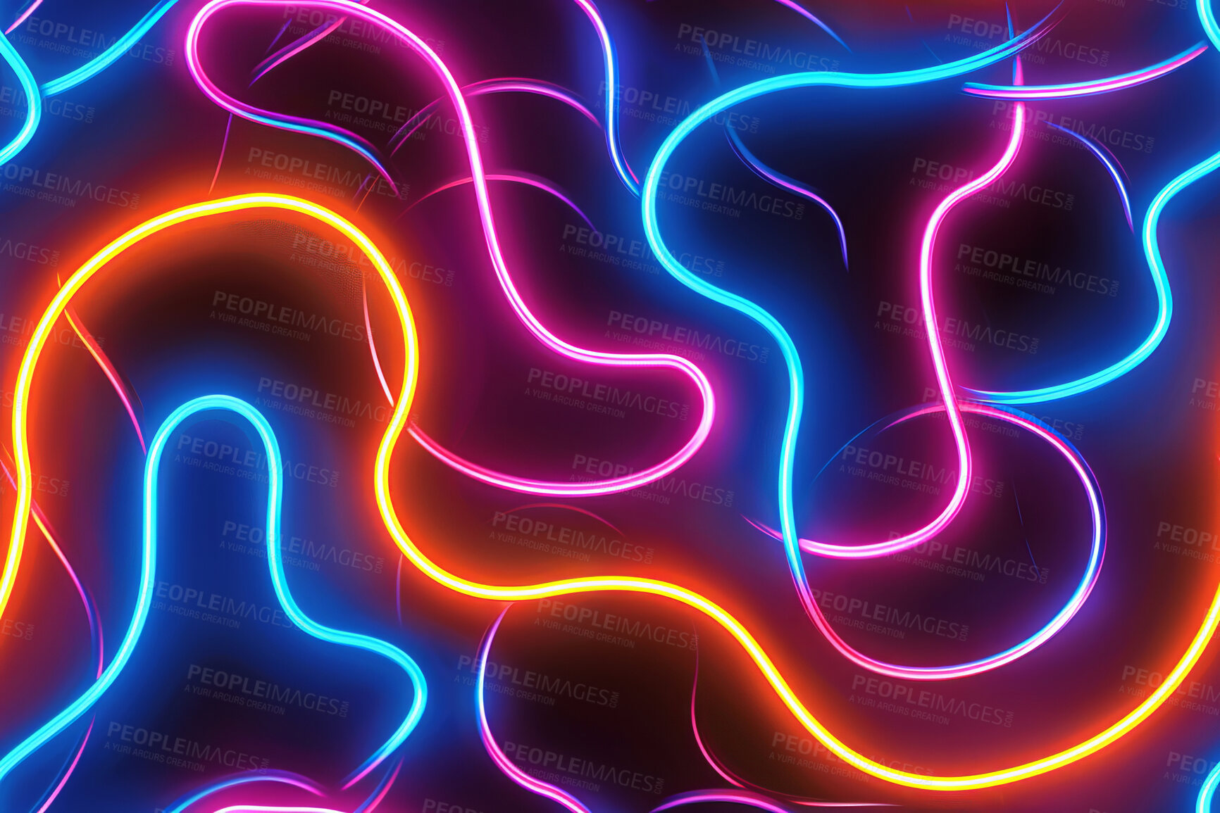 Buy stock photo Color, neon lines and shape for illustration with retro wave, pattern and glow with spectrum. Creativity, light and multicolor textures for iridescent shine with geometric flow for psychedelic swirl