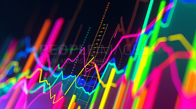 Neon, chart and holographic, graph or business growth statistics on black background. Financial, illustration or stock market glow pattern, investment or digital transformation, cyber or networking