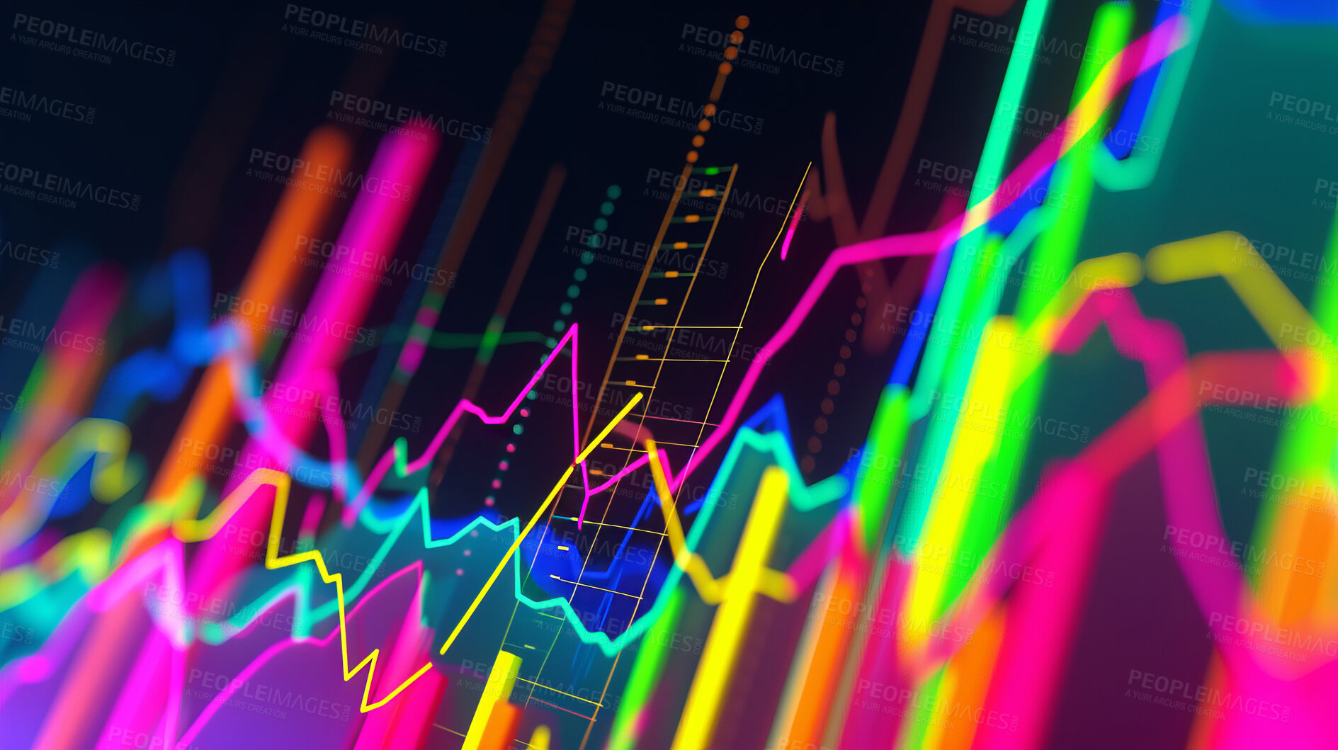 Buy stock photo Neon, chart and holographic, graph or business growth statistics on black background. Financial, illustration or stock market glow pattern, investment or digital transformation, cyber or networking