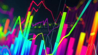 Financial, illustration or neon graph, chart or business growth statistics, holographic or algorithm on black background. Glow, trading and stock market pattern for cyber and digital transformation