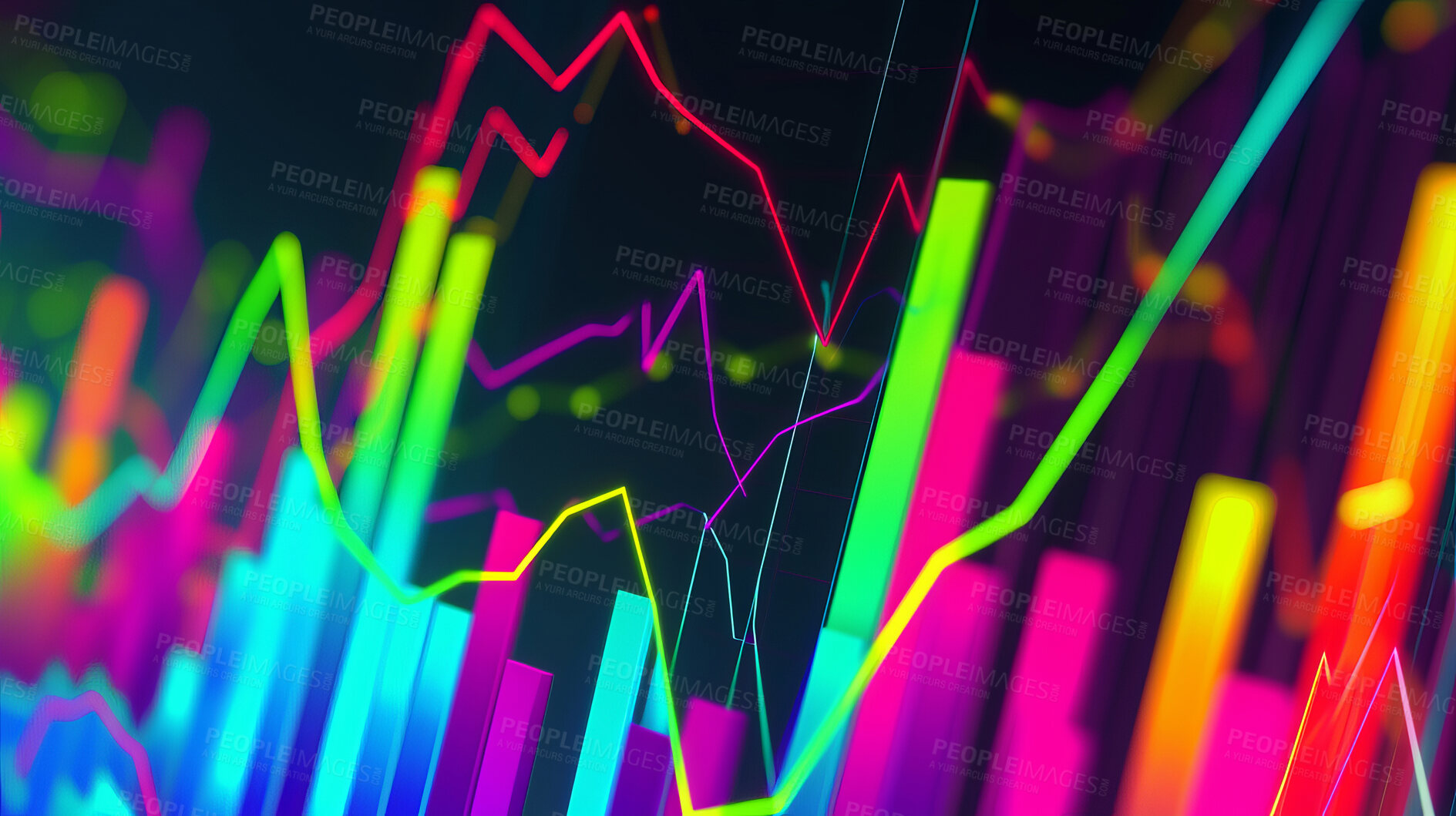 Buy stock photo Financial, illustration or neon graph, chart or business growth statistics, holographic or algorithm on black background. Glow, trading and stock market pattern for cyber and digital transformation