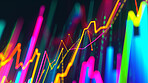 Charts, abstract art and lines with color, glow and investment with pattern for stock market. Empty, pip and waves with economy, graph or texture with dark background, accounting or finance indicator