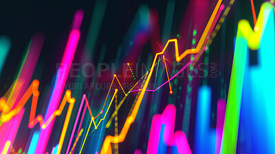 Charts, abstract art and lines with color, glow and investment with pattern for stock market. Empty, pip and waves with economy, graph or texture with dark background, accounting or finance indicator