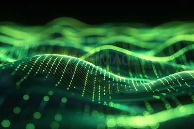 Sound wave, green wallpaper and abstract glow with connection dots for frequency flow, data transfer and technology. Futuristic design, pattern and colorful dots for cloud computing and audio stream