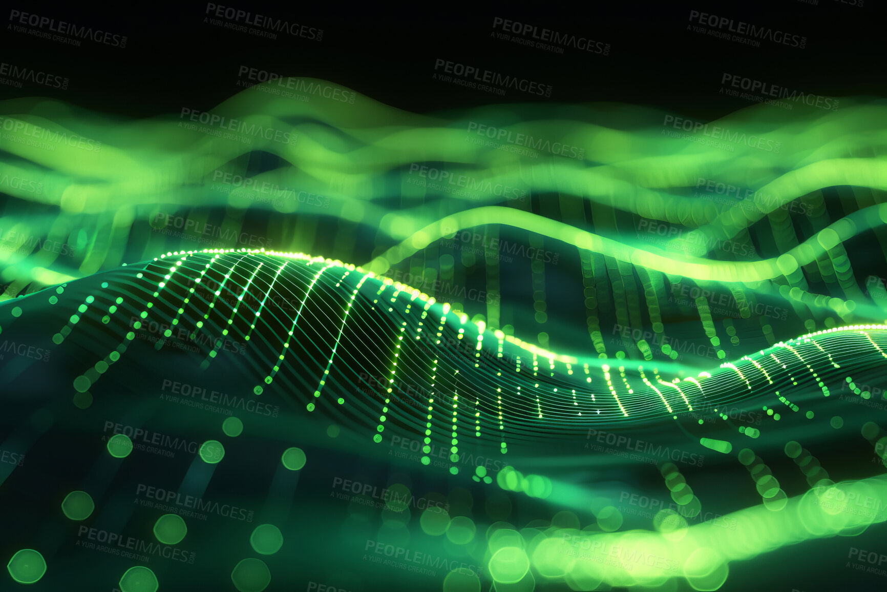 Buy stock photo Sound wave, green wallpaper and abstract glow with connection dots for frequency flow, data transfer and technology. Futuristic design, pattern and colorful dots for cloud computing and audio stream