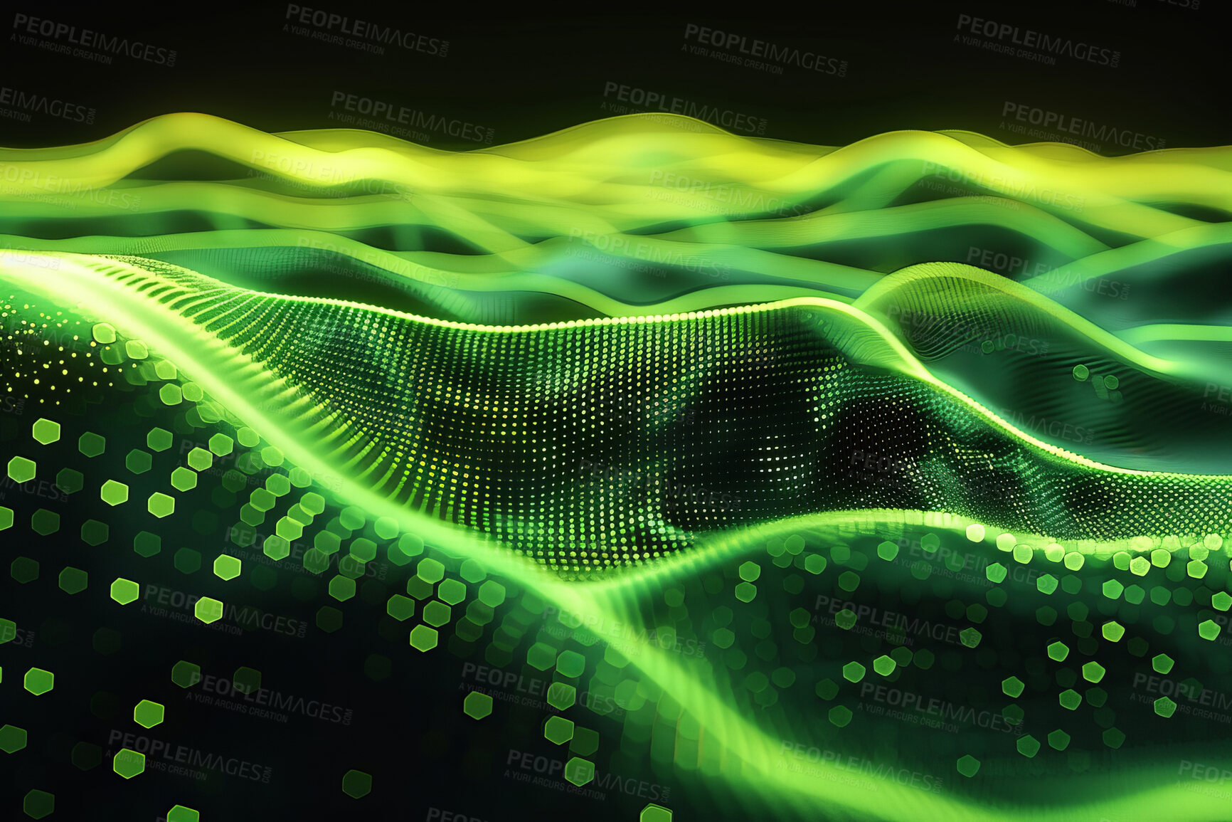 Buy stock photo Sound wave, green wallpaper and abstract background with connection dots for frequency flow, data transfer and technology. Futuristic design, glow and bokeh art for cloud computing and audio stream