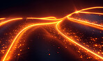 Flare, lines and orange glow or light with dark or black background for sparkling fiery effect and pattern for energy. Laser beams, optic fiber and speed for electric connection, network and spiral.