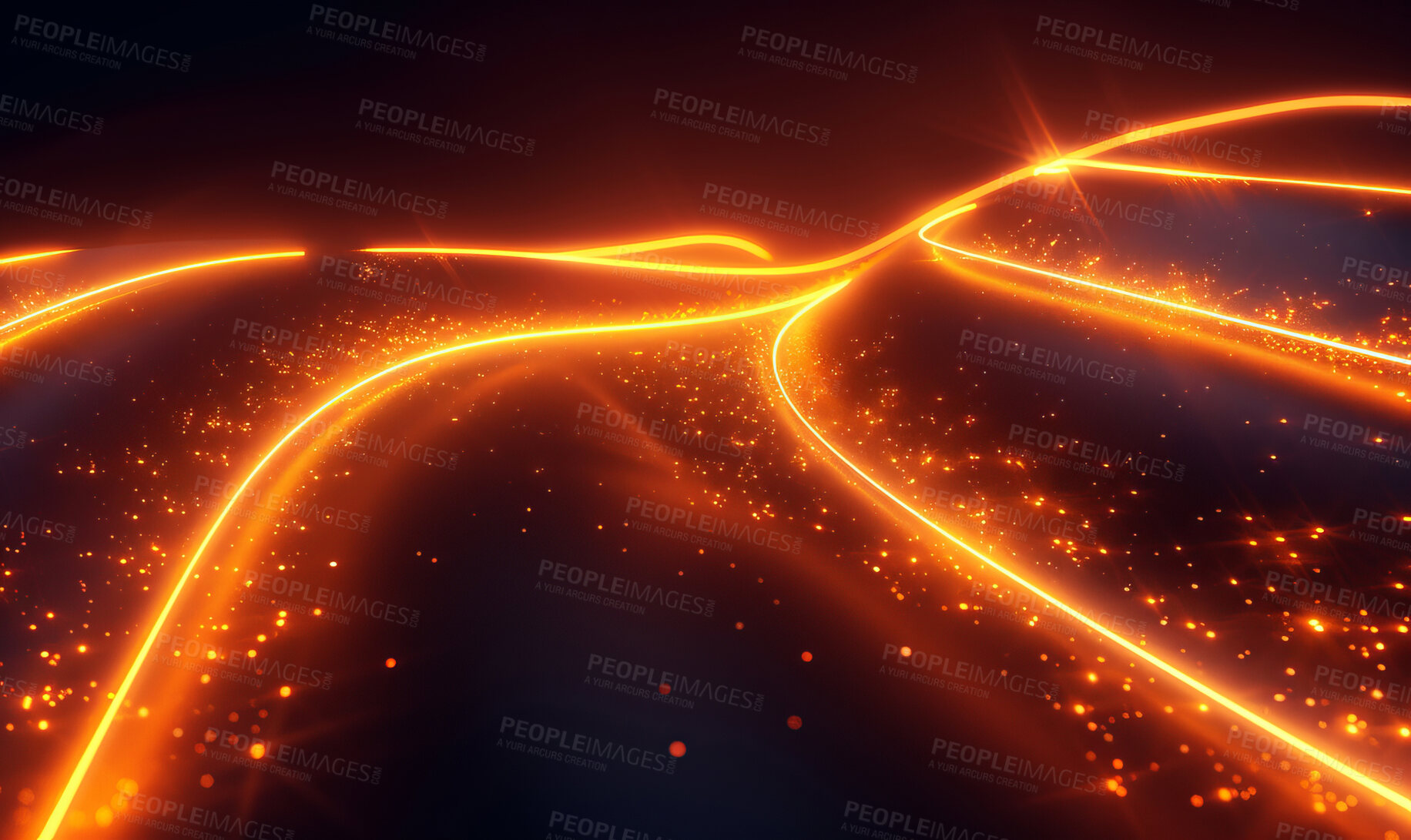 Buy stock photo Flare, lines and orange glow or light with dark or black background for sparkling fiery effect and pattern for energy. Laser beams, optic fiber and speed for electric connection, network and spiral.