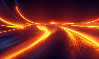 Waves, lines and orange glow or light with dark or black background for sparkling fiery effect and pattern for energy. Curve, motion and power for premium connection, network and cryptocurrency.