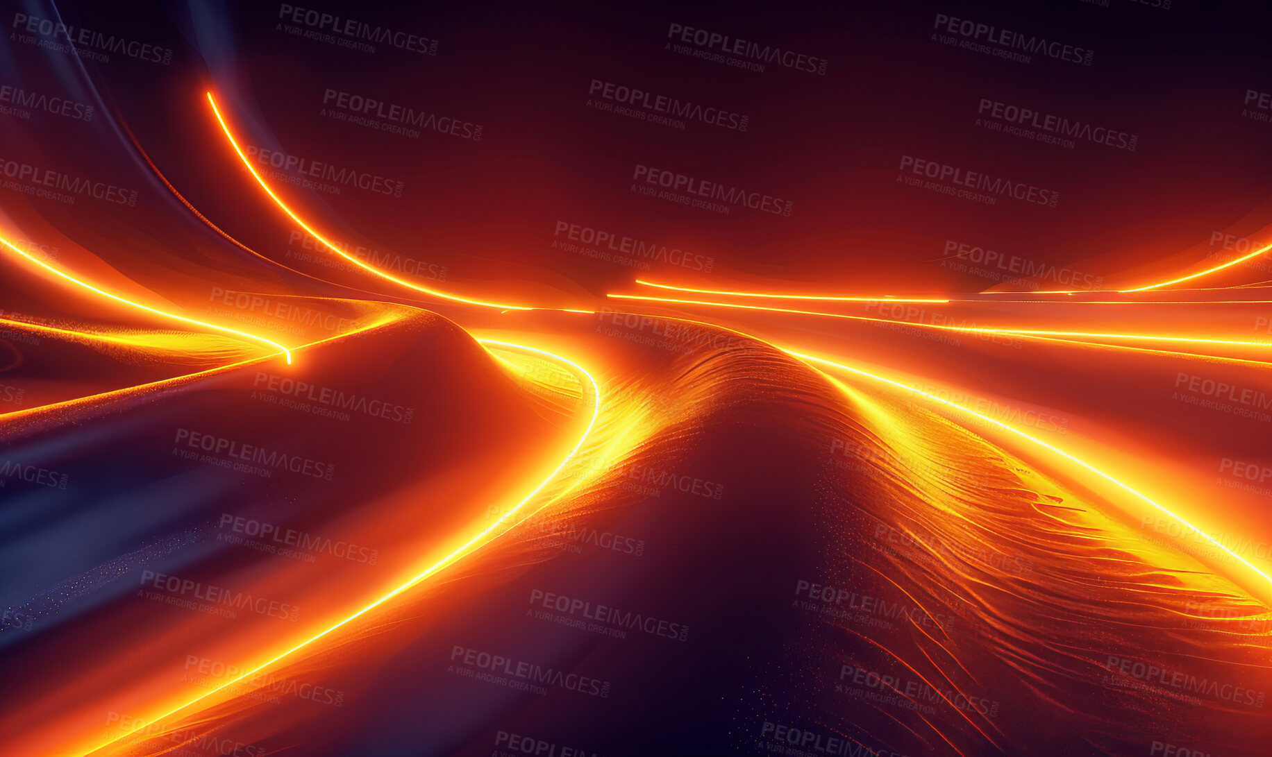 Buy stock photo Waves, lines and orange glow or light with dark or black background for sparkling fiery effect and pattern for energy. Curve, motion and power for premium connection, network and cryptocurrency.