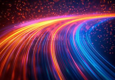 Iridescent lines, illustration and cosmos in space for stars, texture and glow on color spectrum. Creative, light and universe expansion with pattern, neon and psychedelic swirl with bokeh in galaxy