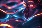 Art, illustration and face in abstract wave with graphic human feature for genetic engineering. Ai, digital transformation and neon robot programming for psychology, brain or clone, research or study