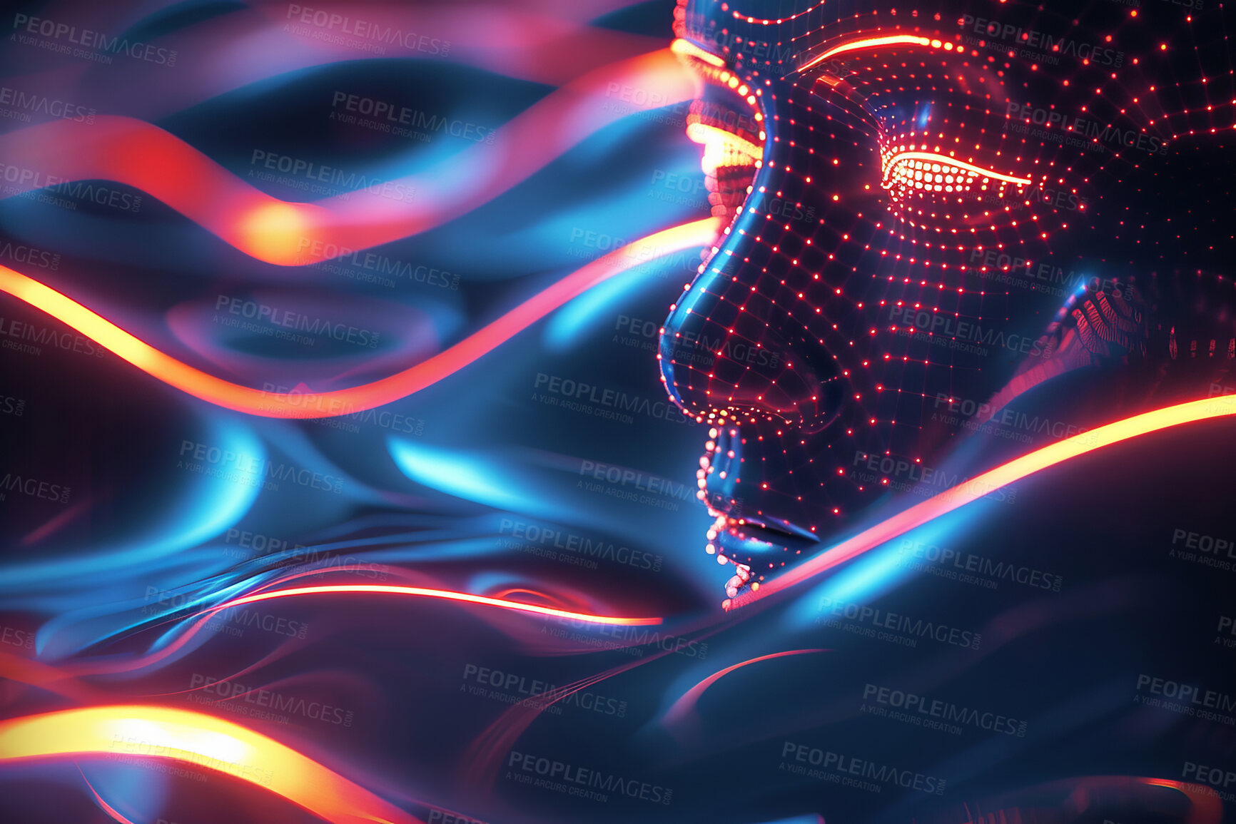 Buy stock photo Art, illustration and face in abstract wave with graphic human feature for genetic engineering. Ai, digital transformation and neon robot programming for psychology, brain or clone, research or study